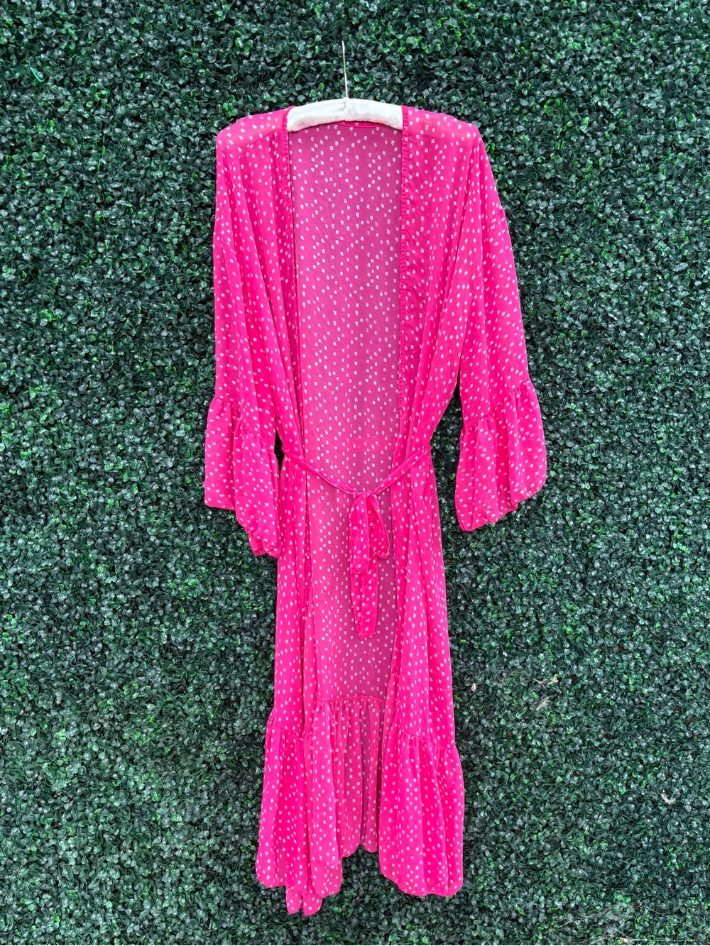 Hot pink polka dot sheer maxi duster Kimono belted ruffle cover up.